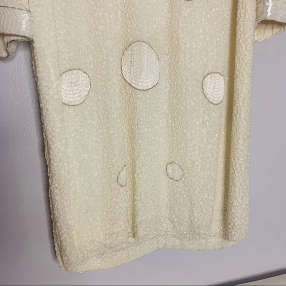 Vintage Bob Mackie Silk Beaded Geometric Long Sleeve Winter White Mini Dress 12 - Picture 3 of 14